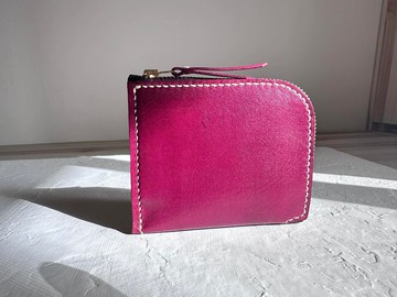 不撞包棗紅色植鞣革全真皮L型拉鍊零錢包/短夾