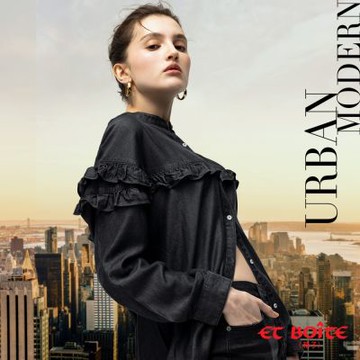 ET BOîTE 箱子 BLUE WAY – 荷葉袖天絲丹寧黑牛仔襯衫