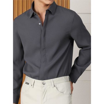 垂順！襯衫男長袖醋酸免燙高端純色商務休閑男士彈力修身翻領襯衫