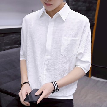 男七分袖套頭襯衫松緊收腰 春夏季韓版潮流中袖襯衣短袖襯衫潮t恤