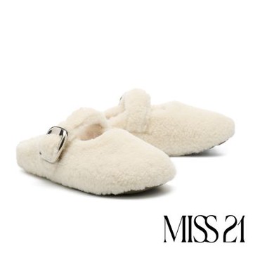 穆勒鞋 MISS 21 可愛澎澎方釦寬帶毛毛厚底穆勒拖鞋－米