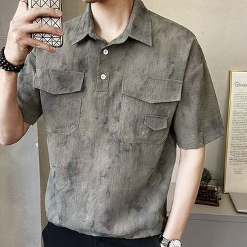 🔥【上新特殺】男士扎染短袖襯衫多口袋工裝風POLO衫復古做舊寬鬆上衣夏季休閒個性襯衣潮流痞帥翻領短袖薄款寬鬆休閒舒適短袖