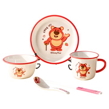 TOY STORY 玩具總動員 奇趣一人食 五件組 陶瓷餐具套裝  盤子 + 碗 + 杯 + 勺子 + 筷子  草莓熊 白色  1組