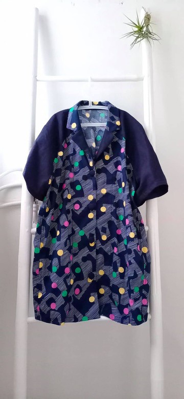 霓虹點點印花拼接國民領長版襯衫