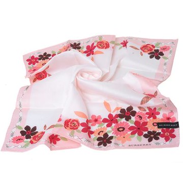 BURBERRY 繽紛花朵圖騰格紋滾邊棉質大帕領巾(粉紅系/60CM)