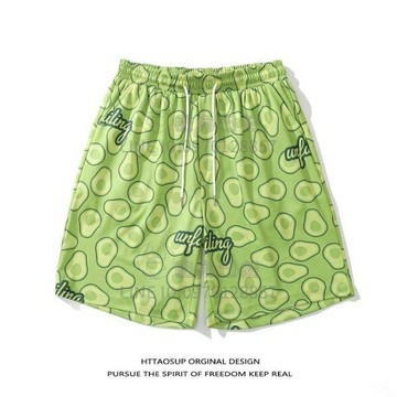 夏威夷風沙灘短褲男時尚寬鬆休閒牛油果綠清新趣味百搭情侶五分褲【倪醬小鋪】