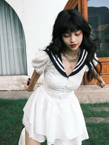 水手JK制服海軍領連衣裙夏季2022年新款設計甜美少女收腰氣質短裙