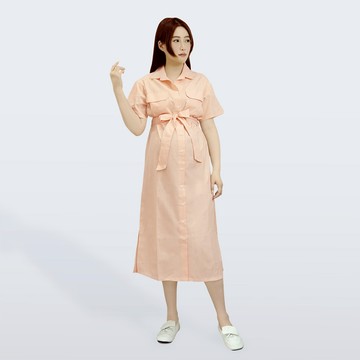 【Gennies 奇妮】條纹襯衫孕婦洋裝-桔/黑二色(T1Q03)孕婦裙 短袖 長洋裝 襯衫領洋裝