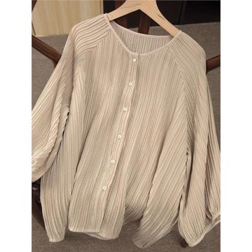 絲藝肌理感皺感真絲圓領襯衫防曬衣開衫七分燈籠袖法式三宅風上衣