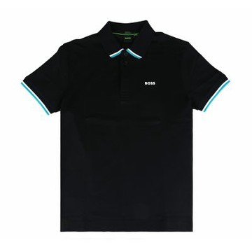 BOSS 純棉經典印花白字LOGO條紋滾邊POLO衫(男款/黑)