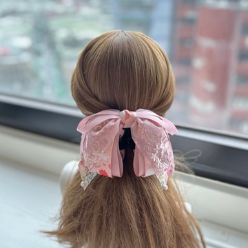 獨家蕾絲蝴蝶結鯊魚夾相交夾馬尾夾髮夾髮飾-淺粉白兔