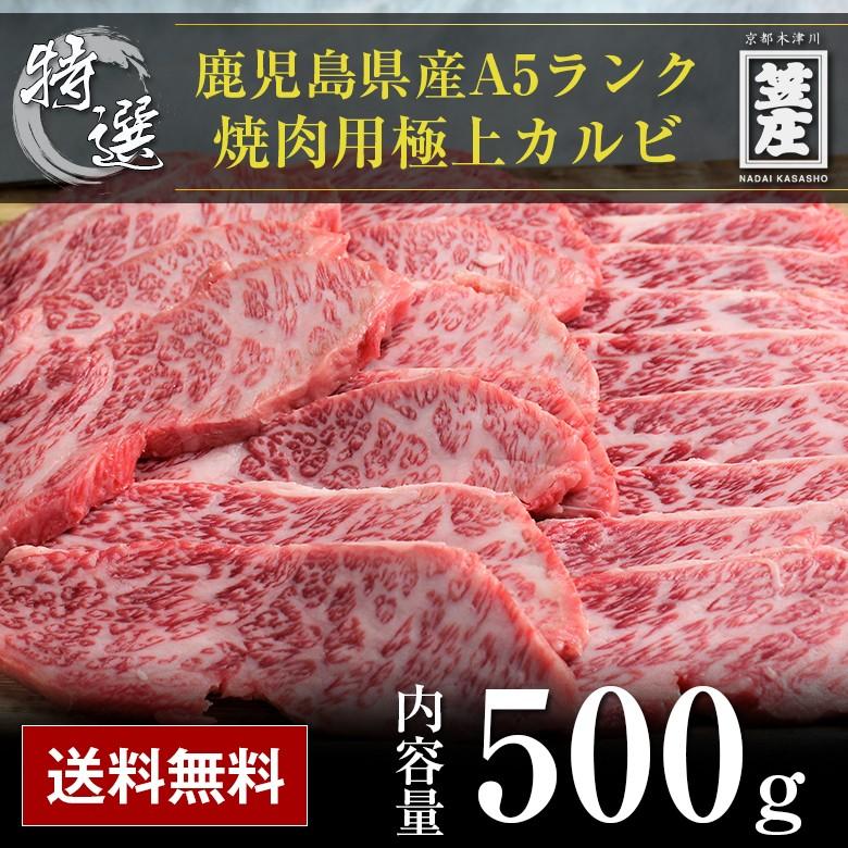 送料無料 特撰 鹿児島県産 黒毛和牛 5等級 A5 ランク 焼肉用 カルビ 500g 化粧箱入り ギフト  お中元  お歳暮  内祝い  誕生日  のし対応  肉 お肉  牛肉 焼肉