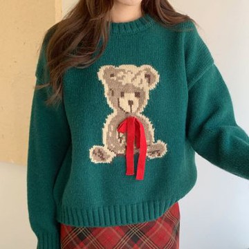 La Belleza圓領減齡可愛卡通小熊綁緞帶提花保暖棉羊絨針織毛衣