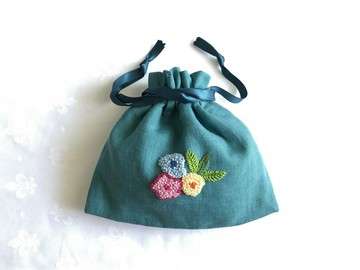 花朵刺繡束口袋（土耳其藍）