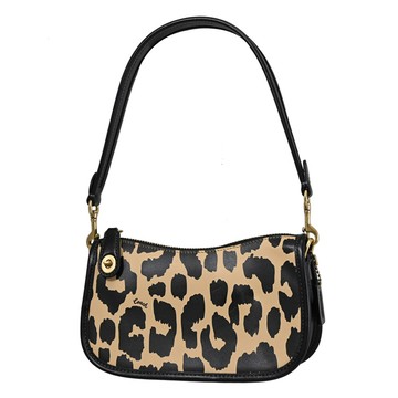 COACH CM514 Swinger 豹紋印花轉釦拉鍊單肩包.黑邊