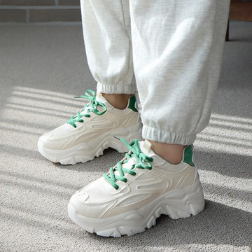 老爹鞋．（附雙色鞋帶）顯瘦網布拼接繫帶厚底休閒鞋．白鳥麗子