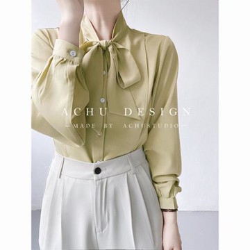 ACHU 春日明媚 黃色蝴蝶結雪紡襯衫女設計感小眾飄帶襯衣職業上衣