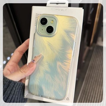 云寅適用于蘋果15Plus手機殼新款鐳射羽毛iPhone16偏光14promax磨砂簡約13漸變12高級綠色防摔男女情侶17硬套