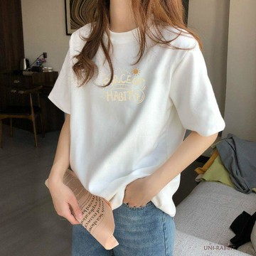 夏季短袖女大碼上衣純棉短袖女T恤女圓領短袖寬鬆休閒短袖顯瘦百搭t恤簡約時尚上衣小衆上衣