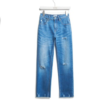 SOMETHING｜女裝｜高腰彈力刷破丹寧中直筒褲