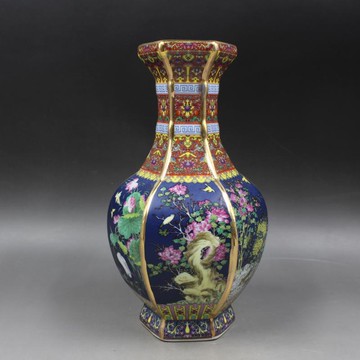 清乾隆年制描金琺瑯彩花鳥六方瓶 精品家居擺件瓷器收藏 古董古玩1入