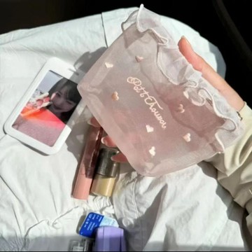 🍎🍏初夏上新🍎🍏韓國ins風少女網紗愛心刺繡便攜化妝包 可愛紙巾包補妝收納包