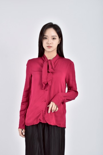(M) zara雪紡領口綁帶桃紅色襯衫上衣