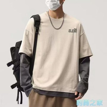 【豹開之家】假兩件長袖t恤男女春秋季圓領青少年寬鬆休閒內搭打底衫 運動球衣 日常穿搭 長袖上衣 大學t 情侶衣服450