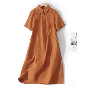 日系文藝純色簡約棉麻短袖連衣裙女夏季寬松中長款休閑亞麻襯衫裙