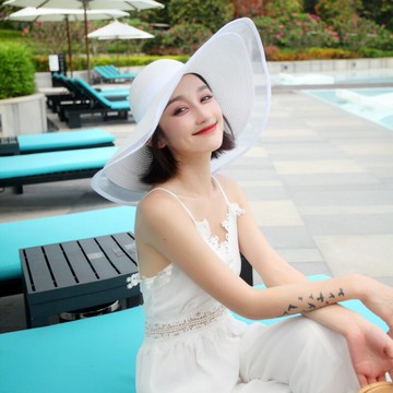 夏天大帽檐遮陽帽女草帽防曬網紅白色百搭夏季出游沙灘帽子太陽帽1入