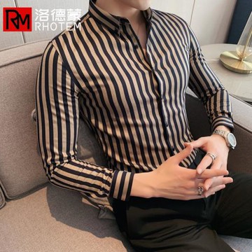 洛德蒙四季質感紋理條紋襯衫男長袖修身商務西服打底休閑氣質襯衣