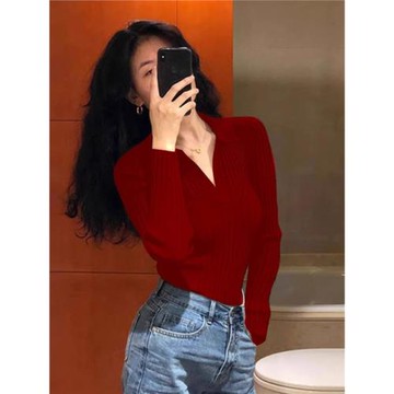 新年過年圣誕節紅色毛衣女內搭短款上衣秋冬季法式外穿翻領打底衫