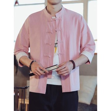 中式復古唐裝男七分袖襯衫夏季中國風半袖漢服上衣棉麻中山裝外套