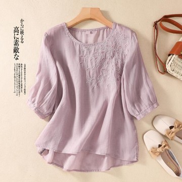 復古刺繡中袖T恤女 寬松減齡顯瘦休閑氣質上衣 夏季女裝 短袖t恤 中大尺碼女裝 短袖上衣 寬鬆上衣