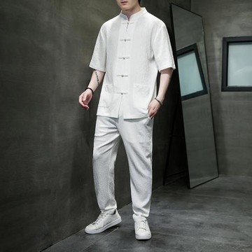 冰絲短袖襯衫男夏季套裝中國風復古盤扣上衣系新中式男裝唐裝漢服