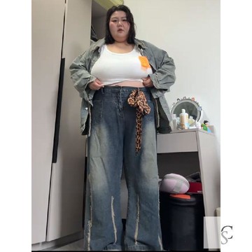 【XL-8XL大尺碼】👩牛仔褲 闊腿 直筒牛仔 喇叭拖地褲300斤大碼女裝美式復古慵懶風牛仔褲女新款胖mm寬鬆顯瘦闊腿