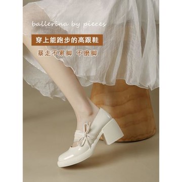 法式高跟鞋仙女鞋2025春季瑪麗珍蝴蝶結厚底小皮鞋粗跟淺口單鞋女
