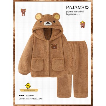 輕松熊睡衣女款秋冬季珊瑚絨加絨加厚保暖法蘭絨連帽可外穿家居服