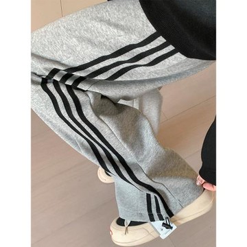 灰色運動褲女秋冬2025新款加絨條紋直筒闊腿褲三條杠休閑寬松衛褲