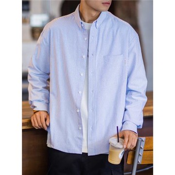 上彈工裝 美式復古廓形豎條紋口袋襯衫男寬松休閑長袖襯衣上衣