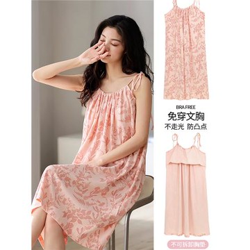 圓咖純棉防凸點帶胸墊女士睡裙夏季吊帶性感全棉無袖睡衣家居服