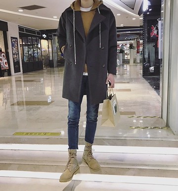 韓國深灰色 大衣 保暖 雙排扣 大衣