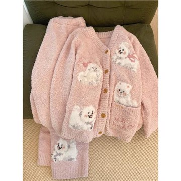 卡通小狗針織半邊絨睡衣女冬季加絨加厚保暖粉色家居服套裝可外穿