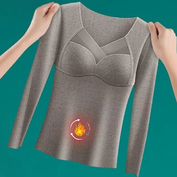 🔥臺灣出🔥德絨發熱冬季保暖T恤長袖加絨加厚打底衫女士秋冬無痕背心帶胸墊