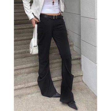 AOOUIU 立體裁剪西裝彎刀喇叭褲 黑色/灰色休閑褲