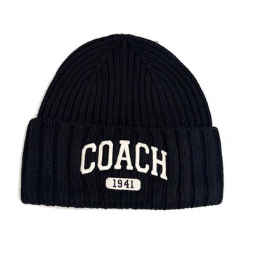 【COACH】刺繡字母LOGO 100%羊毛毛帽(黑)