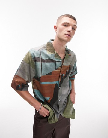 Topman short sleeve relaxed revere photographic shirt in multi
