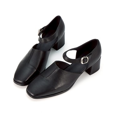 [獨家訂製楦型]全真皮拼接造型繫帶方頭粗跟鞋 黑色