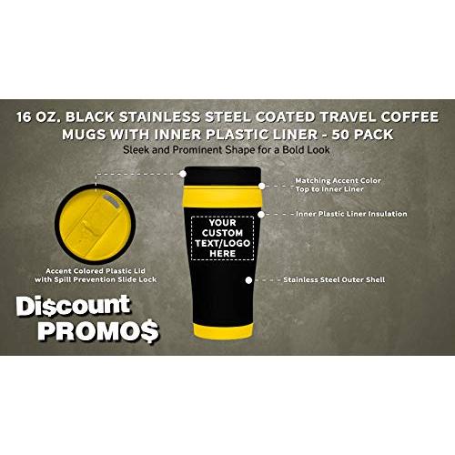 パーソナライズされた16 oz。Black Steel Travel Coffee Mug -50パックカスタムテキスト、ロゴ-イエロー