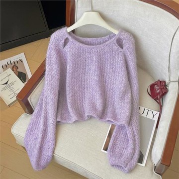 高級感紫色軟糯圓領毛衣女秋冬季新款設計感鏤空氣質長袖針織上衣